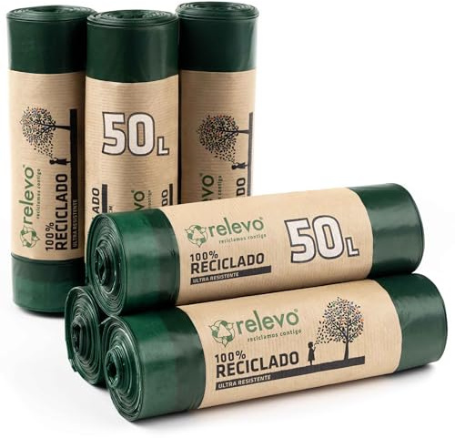 Relevo Sacs Poubelle Verts avec Liens Coulissants – 50L (Largeur 70 cm x Hauteur 75 cm), 60 Sacs (6 Rouleaux × 10 Sacs) | Sacs Poubelle Extra Résistants | 100% PEBD Recyclé | Certifié Blue Angel