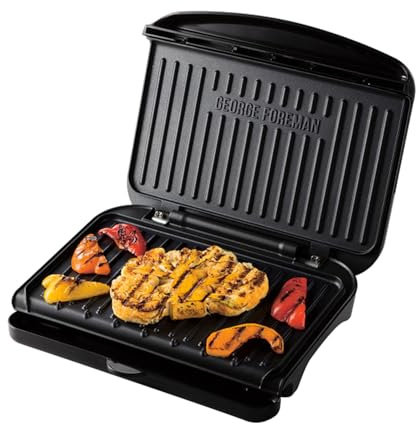 George Foreman Medium Electric Fit Grill [Non stick, Healthy, Griddle, Toastie, Hot plate, Panini, BBQ, Energy saving, Vertical storage, Easy clean, Drip tray, Ready to cook light] Black, 1630W 25810