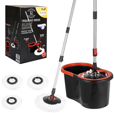 Requisite Needs Smart Spin Mop and Bucket Set – Black edition – Anti-splashing Strong And Sturdy Material – Easy Floor Moping System – 1x Bucket + 3 Replacement Mop Heads – 13 Liter (Mop + Bucket)