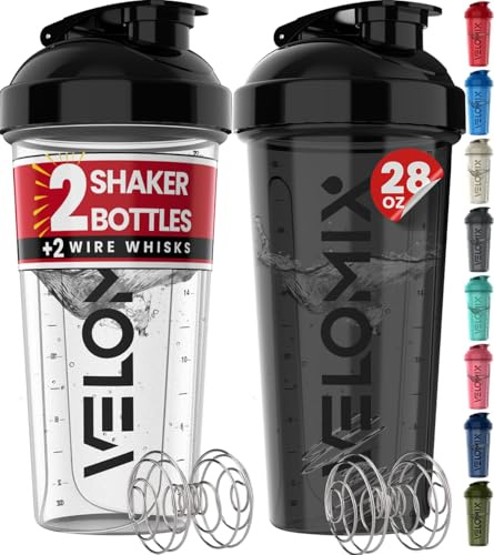VELOMIX -2 PACK- 828ml Protein Shaker Bottle -2x Wire Mixball | Leak Proof Shaker For Protein Shakes | Large, Stackable Protein Shake Bottle | Dishwasher Safe Gym Bottle (Black/Transparent)