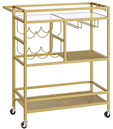 MAHANCRIS Bar Cart for Home, 3-Tier Serving Cart with Wheels and Handle, Beverage Cart with Wine Rack and Glass Holders, Rolling Wine Cart for Kitchen, Dining Room, Gold ARCJ61B01