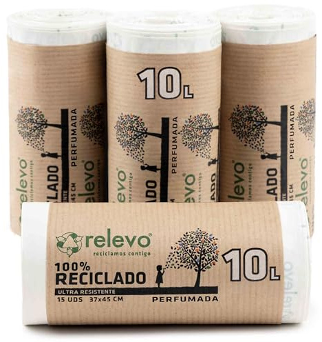 Relevo Petits Sacs Poubelle Blancs avec Liens Coulissants – 10L (Largeur 37 cm × Hauteur 45 cm), 60 Sacs (4 Rouleaux × 15 Sacs) | Parfumés et Extra Résistants | 100% PEBD Recyclé | Certifié Blue Angel