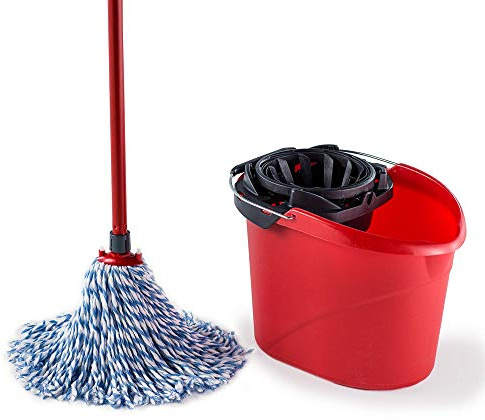 Vileda SuperMocio Microfibre and Cotton Mop and Bucket Set, Mop for Cleaning Floors, Set of 1x Mop and 1x Bucket, Red/Black, 28.3cm (W) x40cm (D) x28.5cm (H)