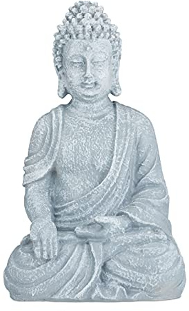 Relaxdays Sitting Buddha Figurine, 40 cm, Feng Shui, Outdoor, Garden Decor, Zen Buddha Statue, Light Grey, Polyresin