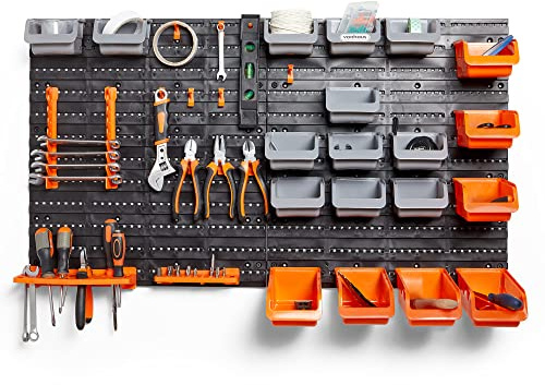 VonHaus 44 Piece Wall Mounted Pegboard Hook, Storage Bins and Panel Set - DIY Garage Storage Wall Mount System with Rack and Bin Accessories - Tool, Parts and Craft Organizer