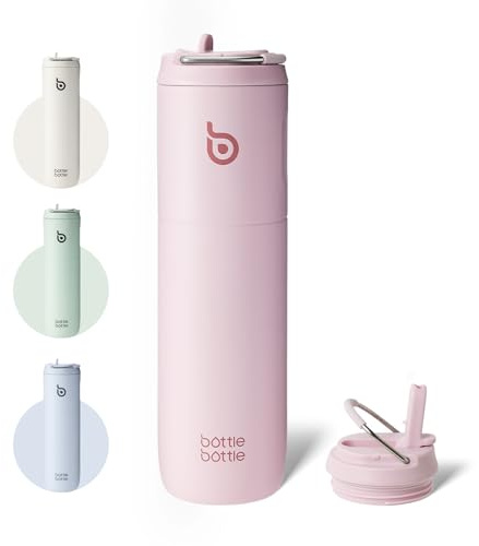 BOTTLE BOTTLE Gourde isotherme avec couvercle à paille et poignée, en acier inoxydable à double paroi sous vide, anti-fuite, sans BPA, pour sport, voyage, salle de sport - Rose clair, 710 ml