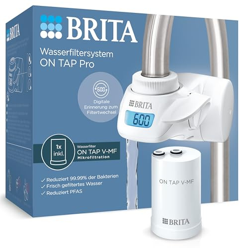 BRITA ON TAP Pro V-MF incl. 1 x filtro acqua rubinetto V-MF (600L) - riduce cloro, 99,99% dei batteri, PFAS - display contalitri digitale