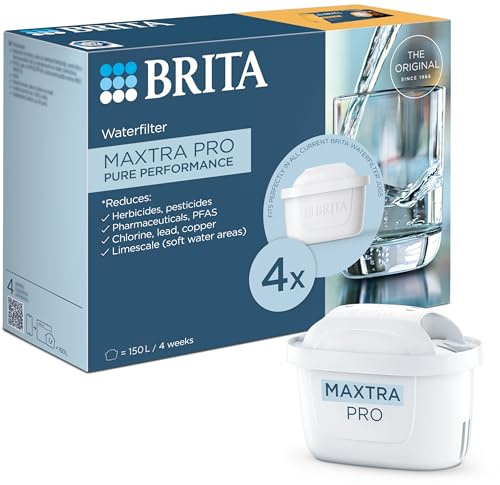BRITA MAXTRA PRO Pure Performance Water Filter Cartridge - 4 Pack - Original BRITA Refill reducing impurities, Chlorine, PFAS, pesticides and limescale for tap Water with Better Taste