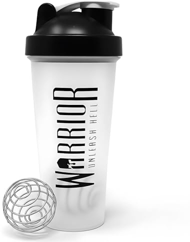 Warrior Protein Shaker Bottle, 600ml with Wire Mixball Blender – Leakproof Clear Gym Bottle for Mixing Whey Protein Shake, Smoothies, Milkshake, Juice, Supplement Drinks – BPA Free, Dishwasher Safe