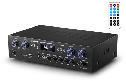 Bluetooth 5.0 Audio Power Amplifier, Donner Peak power 440 W Hi-Fi Wireless Power Amp 4 channel Desktop Amp with USB, SD,FM, 2 Mic IN Echo, RCA, LED, Speaker Selector for Studio, Home Speakers-MAMP5