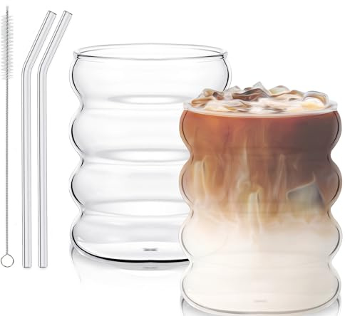 Verres cannelés de 300 ml, lot de 2 verres à café avec pailles en verre côtelées, pour gastronomie, eau, jus de fruits, bière, verres universels