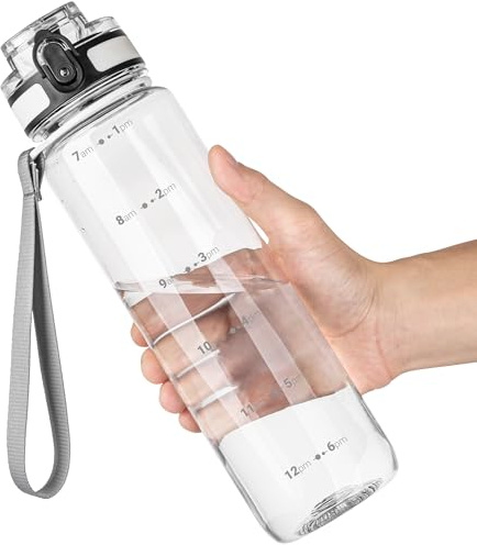 OLDLEY 1L/32oz Sports Water Bottle, 1000ml Motivational Drinks Bottle with Time Markings Leak Proof Drink & Lock Cover & No Straw, BPA Free for Adults Women Men Gym School Cycling Running Hiking