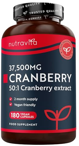 Nutravita Capsule di mirtillo rosso ad alta resistenza 37.500 mg - 180 capsule vegane - Fornitura di 2 mesi - Integratore di estratto di mirtillo rosso puro 50:1 - Prodotto nel Regno Unito