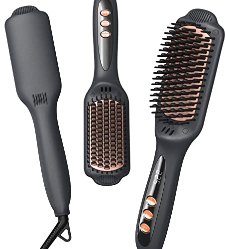 LANDOT Hair Straightener Brush, 30s Fast Heat Anti-Scald Hot Comb, Ionic Ceramic Bristles, Salon-Smooth & Frizz-Free, Dual Voltage, 12 Temp Settings 120-230°C for Fine to Coarse Hair