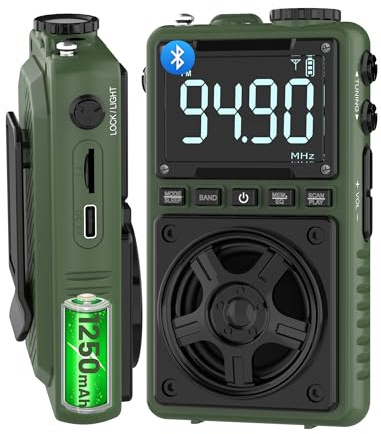 Bluetooth AM FM Shortwave Radio with Rechargeable Battery 1250mAh,Portable Pocket Radio with Best Reception,5W Big Speaker,Digital Tuner and Earphone,Support SD Card and USB MP3 Player (Army Green)