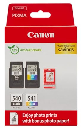 Canon Ink & Paper Multipack - PG-540/CL-541 Genuine Printer Ink Cartridges 2 Pack (1 Black, 1 Colour) & 4x6 Photo Paper (50 x Sheets) For PIXMA TS5150, TS5151, MG3650s, MG4250, TS5100