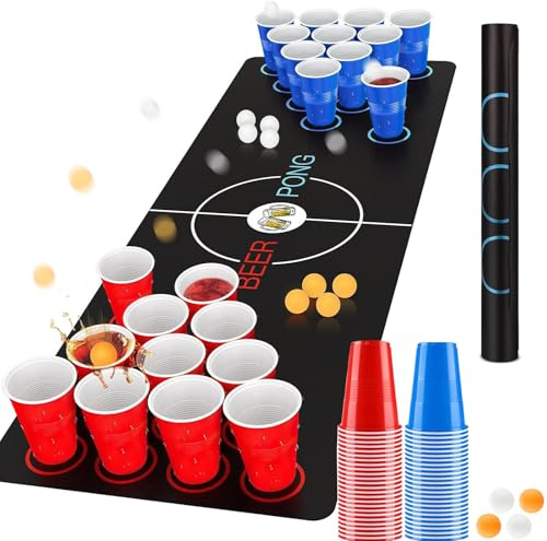 Beer Pong, Jeux à Boire Gobelets, 32 Réutilisables Tasse de Bière Pong (16 Rouge + 16 Bleu) , 8 Balles e 1 set de table, Réutilisables, pour Une Réunion D'Amis,Enterrement de Vie de Jeune Fille