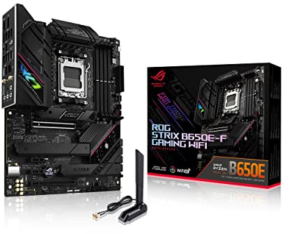 ASUS ROG Strix B650E-F Gaming WiFi AMD Ryzen AM5 ATX motherboard, 12 + 2 power stages, DDR5, three M.2 slots, PCIe 5.0, WiFi 6E, 2.5G LAN, USB 3.2 Gen 2x2 Type-C port, and Aura Sync RGB