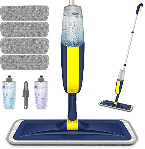 HOMTOYOU Spray Mop for Cleaning Floors: Wet Dry Flat Mop with Sprayer for Hardwood Tile Laminate Vinyl - 4 Microfiber Washable Pads for Home Kitchen