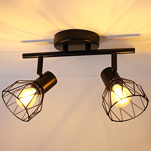 Dehobo Plafonnier Industriel 2 Spots LED Orientable E14, Plafonnier 40W Rampe Spot Applique, Cuisine Chambre Salon, Noir