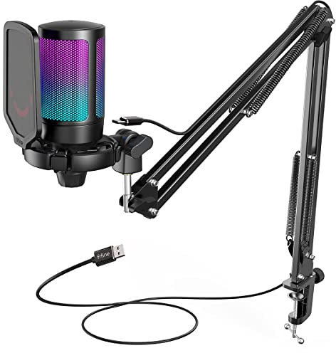 FIFINE USB Micro Gaming avec Bras pour PC PS4 PS5, Condensateur Microphone pour Streaming Podcast Studio, avec Bouton de Silence, Fixation Antichoc, Support Micro, Filtre Anti-Pop, RGB