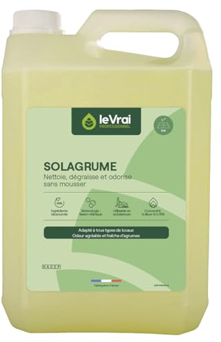 LE VRAI PROFESSIONNEL - Nettoyant Sol Multi Surface - Non Moussant - Produits Menagers Maison - Compatible Robot Balai - Parfum Agrumes - Fabrication Française - Bidon 5L - SOLAGRUME