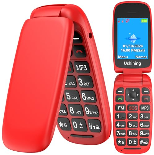 USHINING Unlocked GSM Flip Mobile Phone Big Button Easy to Use,SIM Free Pay as You Go Phones,Classical & Durable (Red)