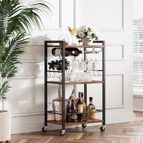 TUTOTAK Drinks Trolley, Bar Cart with 3-Tier Shelf, Serving Trolley with Wine Rack, Glass Holder, Rolling bar cart for the Home, Living Room, Brown BC01BB035EU