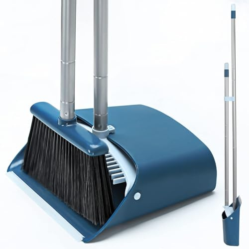 TreeLen Standing Dustpan and Broom Set with 52" Long Extendable Handle for Home, Indoor, Kitchen Room Office Lobby Floor Cleaning