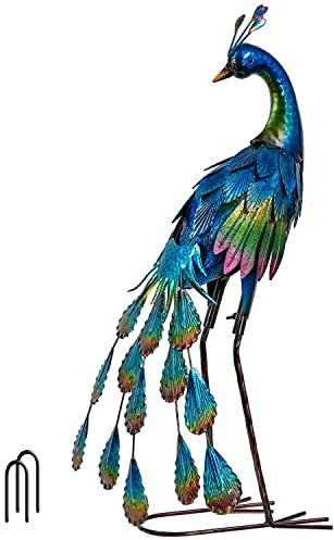 TERESA'S COLLECTIONS Large Garden Ornaments Outdoor, Gifts for Men, Gorgeous Standing Metal Peacock Garden Statues, Bird Art for Garden Decorations Lawn Yard, 18.7 Inch Tall