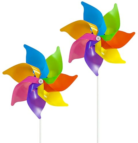2 Pcs Rainbow Windmills, Plastic Pinwheel for Gardens, Outdoor Wind Spinners to Scare Birds for Courtyards, Lawns, Parties, and Balconies as Decorative