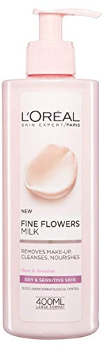 L'Oreal Paris Fine Flower Cleansing Milk, Creamy Cleanser to Remove Makeup, Cleanse & Nourish skin, Formulated with Roase & Jasmine, Suitable for Dry & Sensitive Skin, 400ml