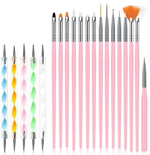 URAQT Nail Art Brushes Set, 15pcs Acrylic Nail Brush Painting Pen and 5pcs Nail Dotting Tools, Nail Pen Designer Nail Art Painting Kit for Diy & Professional Use