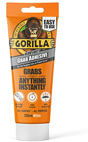 Gorilla Heavy Duty White Grab Adhesive 200ml Tube – All-Purpose, Ultra-High Strength, Holds Instantly, 100% Waterproof & temperature resistant