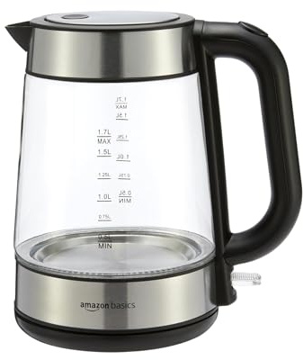 Amazon Basics Electric Glass Kettle, 1.7 Litres, Black, Silver