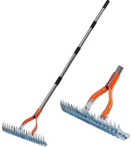 Walensee 15-Inch Lawn Thatch Rake with Adjustable Handle Efficient Steel Metal Heavy Duty Rake for Cleaning Dead Grass, Yard Garden Durable Soil