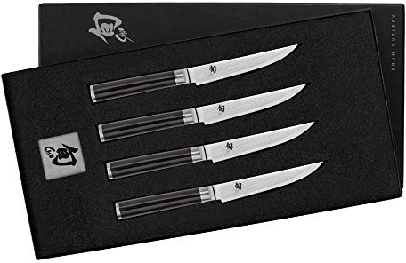 Ensemble de 4 couteaux à steak KAI Shun Classic DM-S400, lame 12 cm, acier VG-MAX, 32 couches Damas, manche bois Pakka, argent