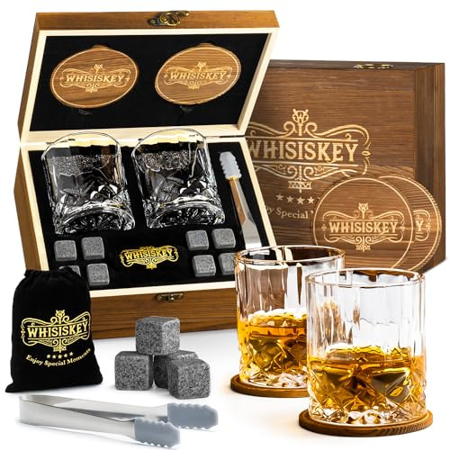 Whisiskey - Whiskey Glass Set - Whiskey Gift Sets for Men - Whisky Glass Gifts for Men - Rum Tumblers Whisky Set with 2 Glasses, 8 Whiskey Stones, Accessories