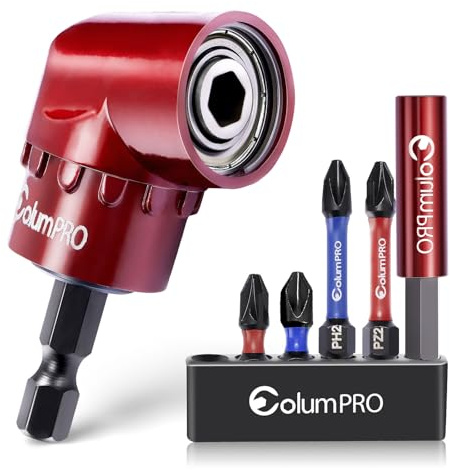 ColumPRO 105 Degree Right Angle Drill Screwdriver Bit Set, 1/4'' Hex Shank Right Angle Drill Attachment with 4PCS PZ2 & PH2 Screwdriver Bits and Bit Holder