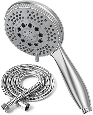 Vinabo Pommeau de douche 1,5 m tuyau en acier, 5 fonctions jets, haute pression, ABS chromé, pulvérisation anticalcaire, buse