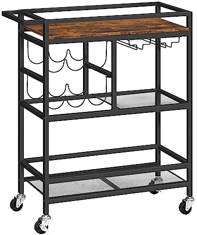 MAHANCRIS Bar Cart for Home, 3-Tier Serving Cart with Wheels and Handle, Beverage Cart with Wine Rack and Glass Holder, Rolling Wine Cart for Kitchen, Dining Room, Rustic Brown ARCHR6101