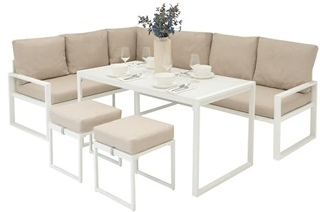 Set Mobili da Giardino in Alluminio Bianco 7 Posti Divano Angolare Tavolo Sgabelli Cuscini Lavabili Copertura Impermeabile