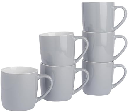 Argon Tableware Coloured Coffee Mugs - Grey - 350ml - Pack of 6 - Gloss Ceramic Stoneware Latte Cappuccino Cups Hot Chocolate Cups Colourful Mug Set with Handle