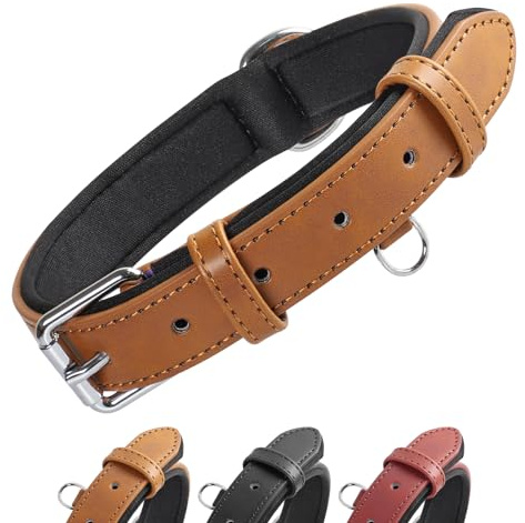Grand Line Collier de Chien Ajustable Coussin Moelleux Cuir Rembourré avec Perforatrice 3 Couleur 4 Tailles, Marron(L)