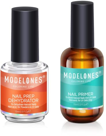 Modelones Professional Gel Nail Polish Primer, 2Pcs 15ml Acid Free Natural Nail Prep Dehydrate, Air Dry Superior Bonding Primer for Acrylic Powder Supplies Set