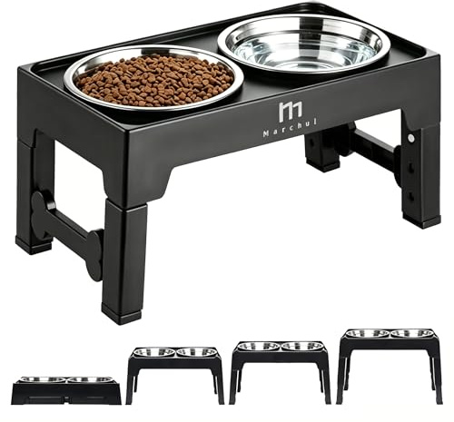 Marchul Gamelle Chien Surélevées de 4 Hauteurs Ajustables, Gamelle pour Chien avec 2 Bols en Acier Inoxydable, Pliable, Antidérapant, Convient aux Petits, Moyens et Grands Chiens