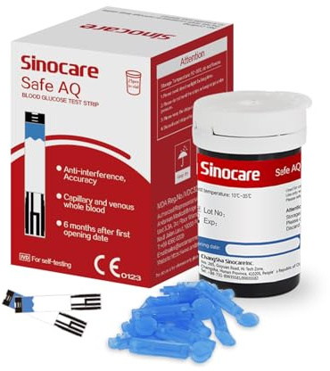 Sinocare Strisce Glicemia per Glucometro Safe AQ, Data di Scadenza Fresco con 25 Strisce e 25 Lancette in mg/dL(AQ Voice, Smart & Air)