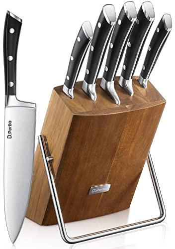 D.Perlla Couteaux de Cuisine, 6 Pièces Set Couteau Cuisine en Allemagne Acier Inoxydable, Ensemble de Couteaux Professionnels, Bloc de Bois, Super Aiguisé