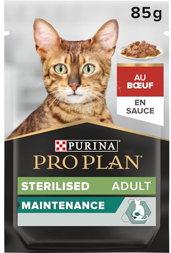 Pro Plan Nutri Savour Sterilised Boeuf - Nourriture Chat Stérilisé Adulte - Sachets Fraîcheur en Sauce - Aide Santé Urinaire et Poids de Forme - Lot de 24/26 Sachets
