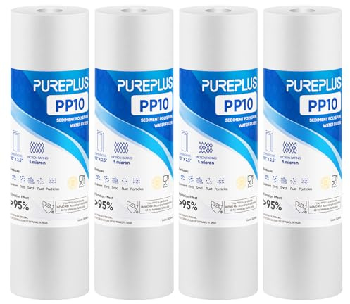 PUREPLUS Filtre à eau à sédiments de 5 microns,10" x 2.5",sédiments de Remplacement de filtres à Eau compatible avec Big Blue,Lot de 4 Cartouches
